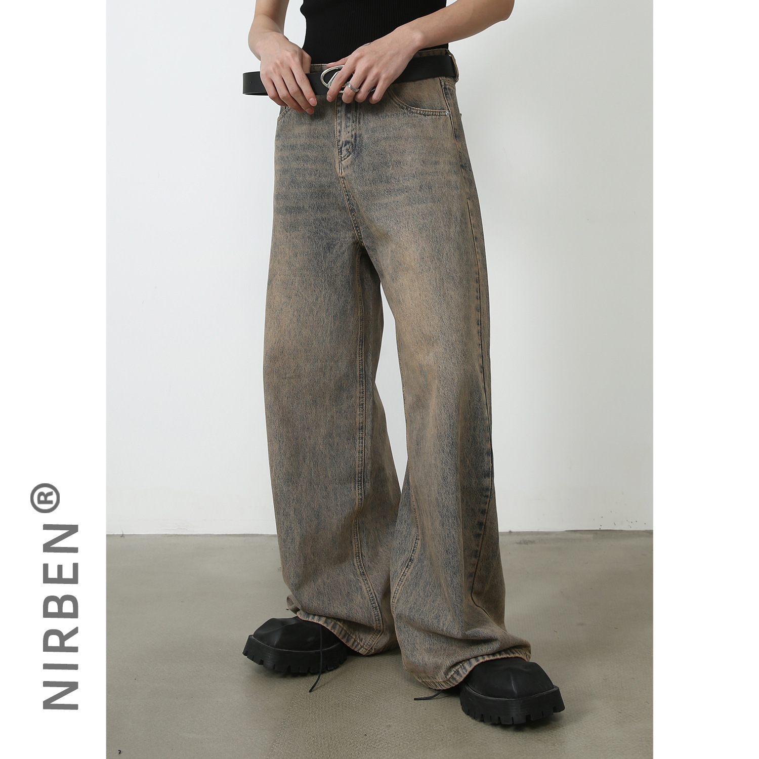 thumbnail for nirben Denim | American retro jeans men&#039;s loose fashion brand oversize pants drape wide mop pants