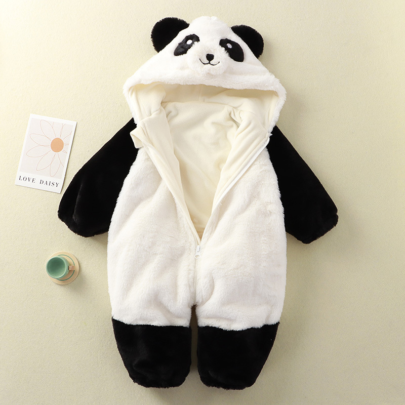 Baby Panda Jumpsuit Rabbit Fur Double Layer Baby Winter Hooded Climbing Suit Newborn Cute Plush Home Pajamas