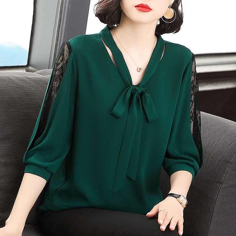 Chiffon Shirt Western Style Super Fairy Shirt V-neck Turtleneck Bow Mid-sleeve Loose Large Size Belly Covering Lace Base Shirt