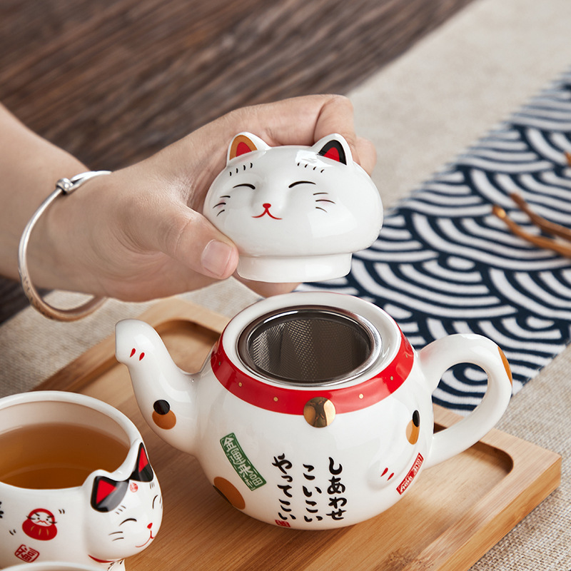 和風セラミックティーポットセットフィルター 1 ポット 2 カップかわいい富を引き付ける猫茶器家庭用ギフト|undefined