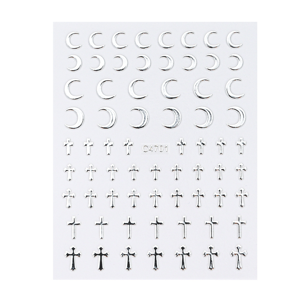 New liquid metal silver nail sticker y2g Millennium style Cross Heart star love small size pattern nail sticker