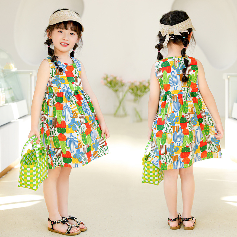 2022 Cotton A- line Dress Girls' Dress Spring and Summer Small and Medium-sized Children's Sleeveless Children's Wear Cartoon Printed Princess Dress