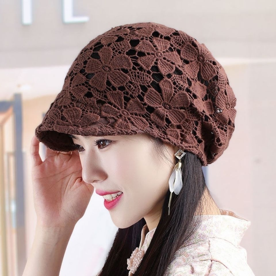 Spring/Summer 2022 New Hollow-out Flower Crochet Soft Rim Baotou Cap Breathable Knitted Tape Cap White Hair Cover Cap for Women