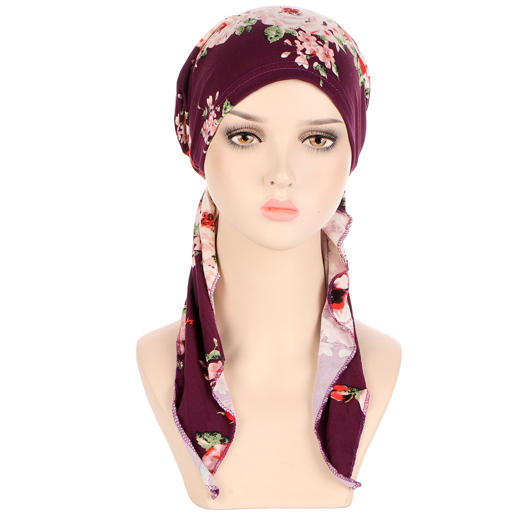 Amazon new European and American printed curved flower cloth hat Muslim toe cap milk silk pullover small hat in stock
