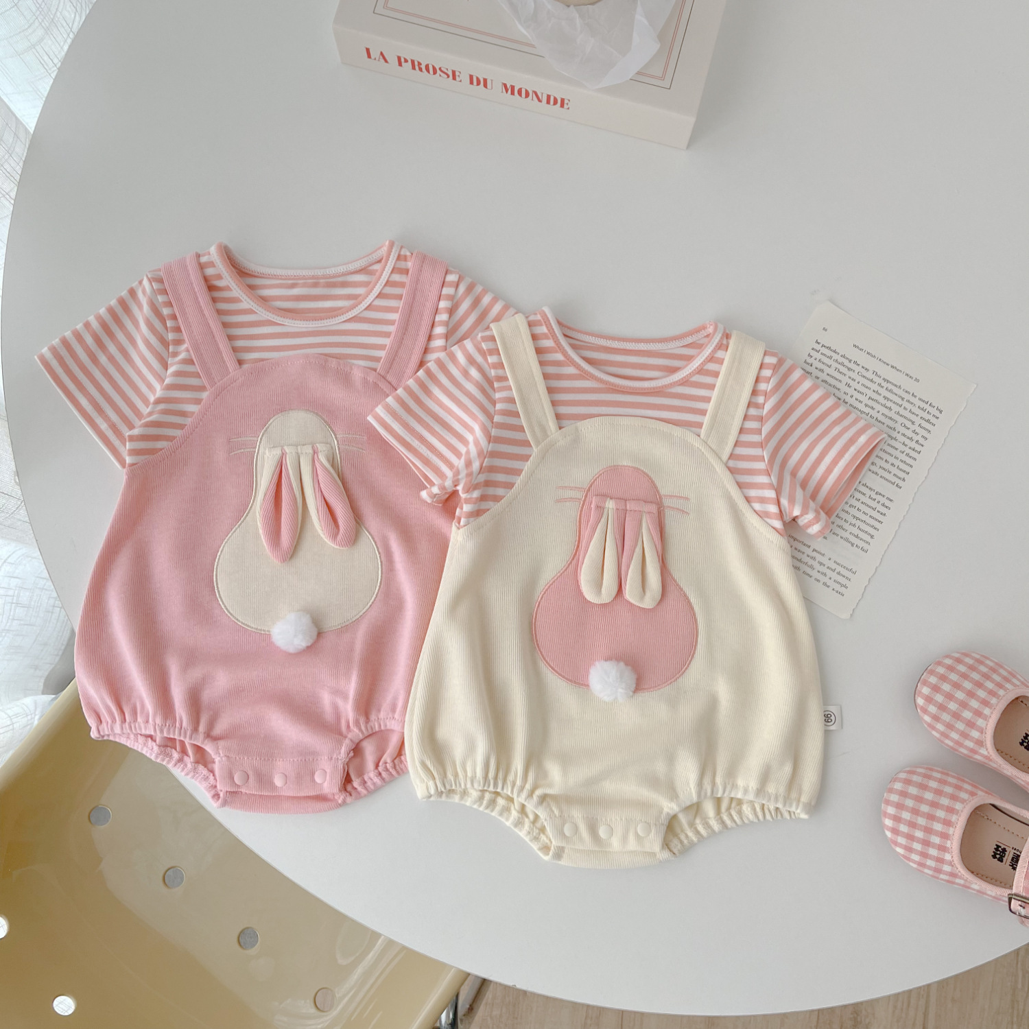 新生兒夏裝連體衣女童小兔子包屁衣假兩件女寶寶短袖棉質哈衣薄款