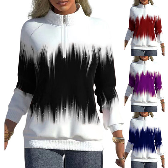 European and American Women's Clothing Amazon Independent Station New Gradual Color Printing Collar Zipper Long Sleeve Winter Half-high Collar Sweater