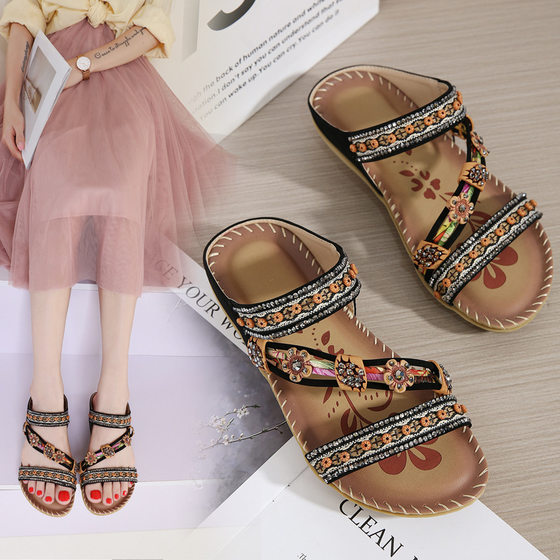 Cross-border foreign trade 2024 rhinestone flowers Bohemian style sandals female ethnic plus size toe flat sandals female
