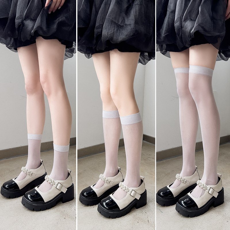 Spring and Summer ultra-thin white calf socks women's transparent black mid-calf socks Japanese Lolita white silk factory wholesale