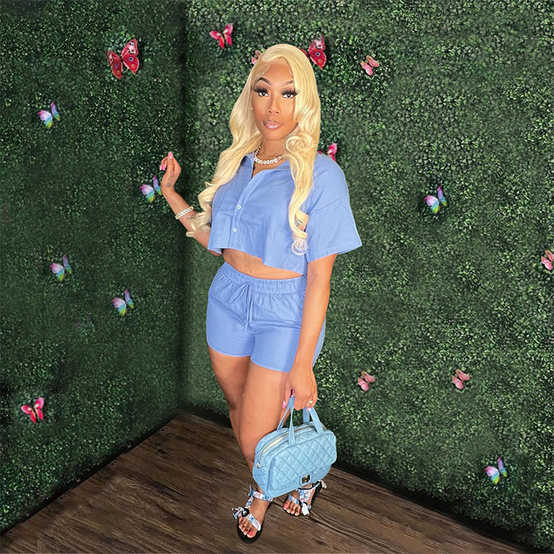  foreign trade women's short-sleeved shirt set rubber pocket shorts two-piece summer new product