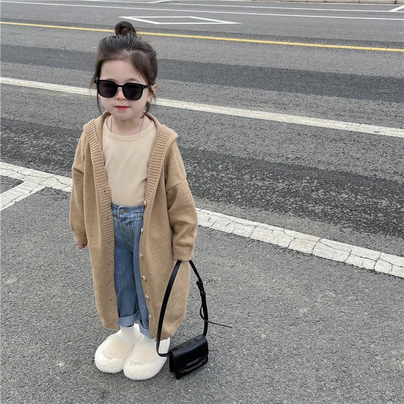 Girls' Spring and Autumn New Korean style western style hooded long single-breasted sweater coat lazy style all-match knitted cardigan