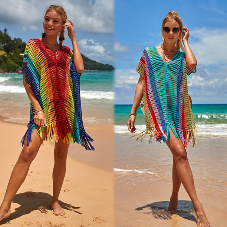 European and American New Knitted Rainbow Blouse Swimsuit Women's Summer Seaside Vacation Sunscreen Sexy Bikini Sunscreen Blouse