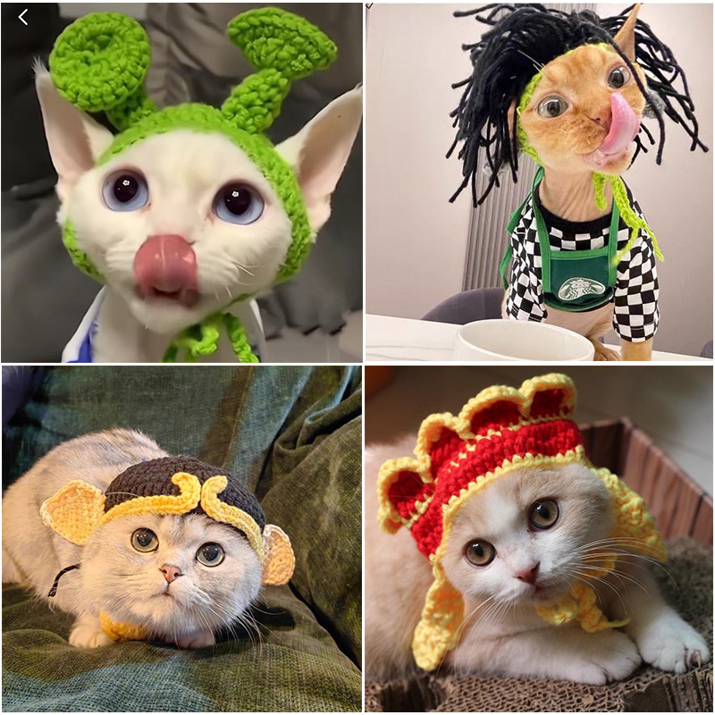 Cat wool knitted hat dog small dog handmade crochet funny cute decorative accessories headdress cross-dressing hat