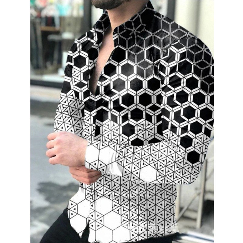 2024 Foreign Trade European and American Men's Spring and Autumn New Casual Trendy Men's Long Sleeve 3D Digital Printed Shirt Large Size Shirt