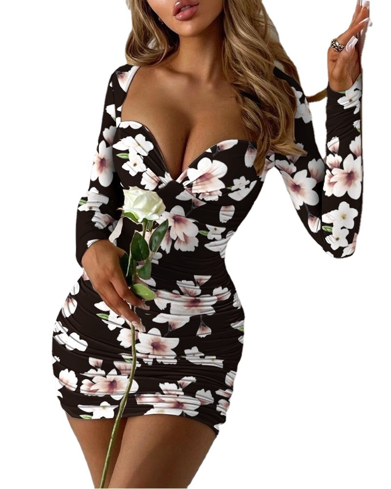 2023 New European and American Sexy Wrap Chest Tight Hip Long Sleeve Dress Wrinkle Printed Autumn Fashion Dress