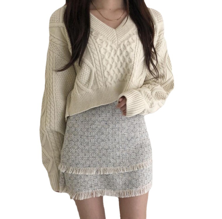 Autumn and Winter New Korean Style chic Stylish Vintage Nimble Pattern Back Strap Japanese Style Lazy Style Knitted Sweater for Women