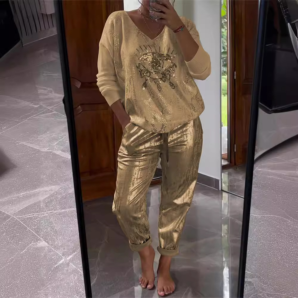 2024 Cross-border Explosions Evil Eye Bronzing Top and Pants Shiny Suit Large Size Women's Summer Independent Station