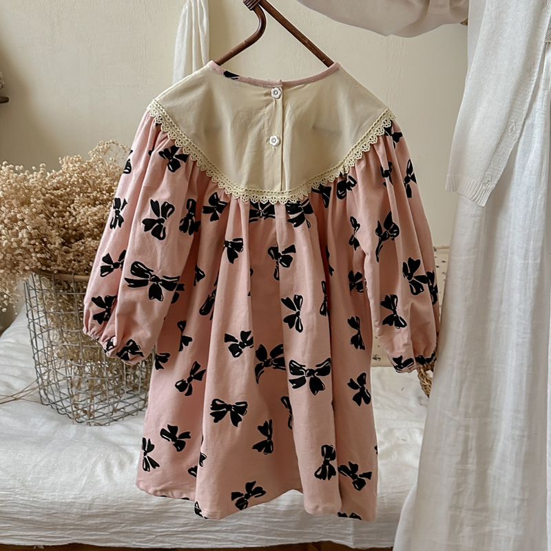 Autumn 2024 Children's Wear Bow Embroidery Loose Girls dress Lace Western Style Long Sleeve Children's Princess Skirt