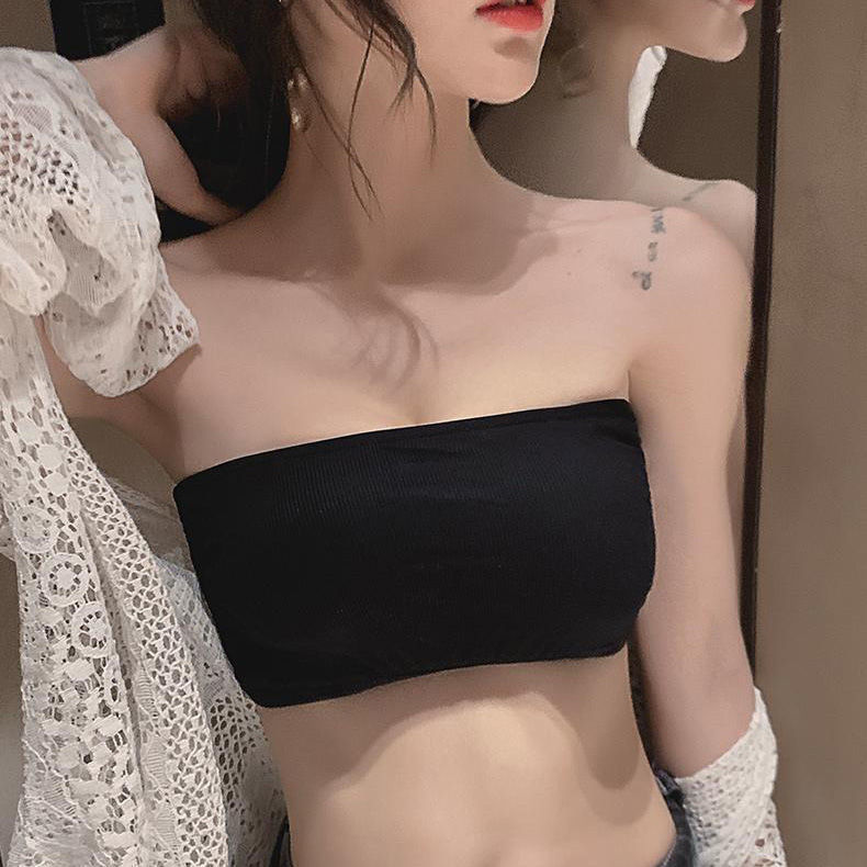 Ice silk one-word circumference strapless tube top anti-light invisible bra with breast pad wrapped breast non-slip summer Women