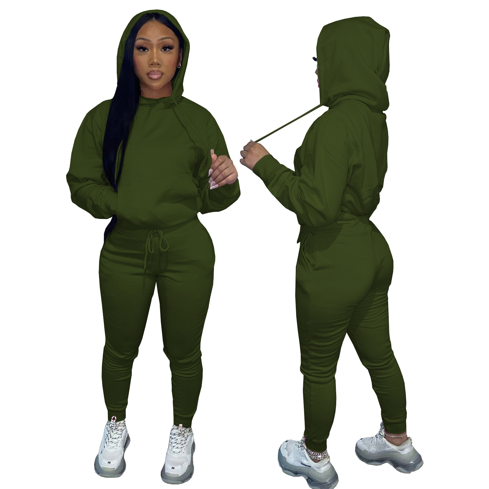 HR8197 European and American women's clothing  independent station supply autumn and winter plus velvet drawstring hooded two-piece set_voghion.com