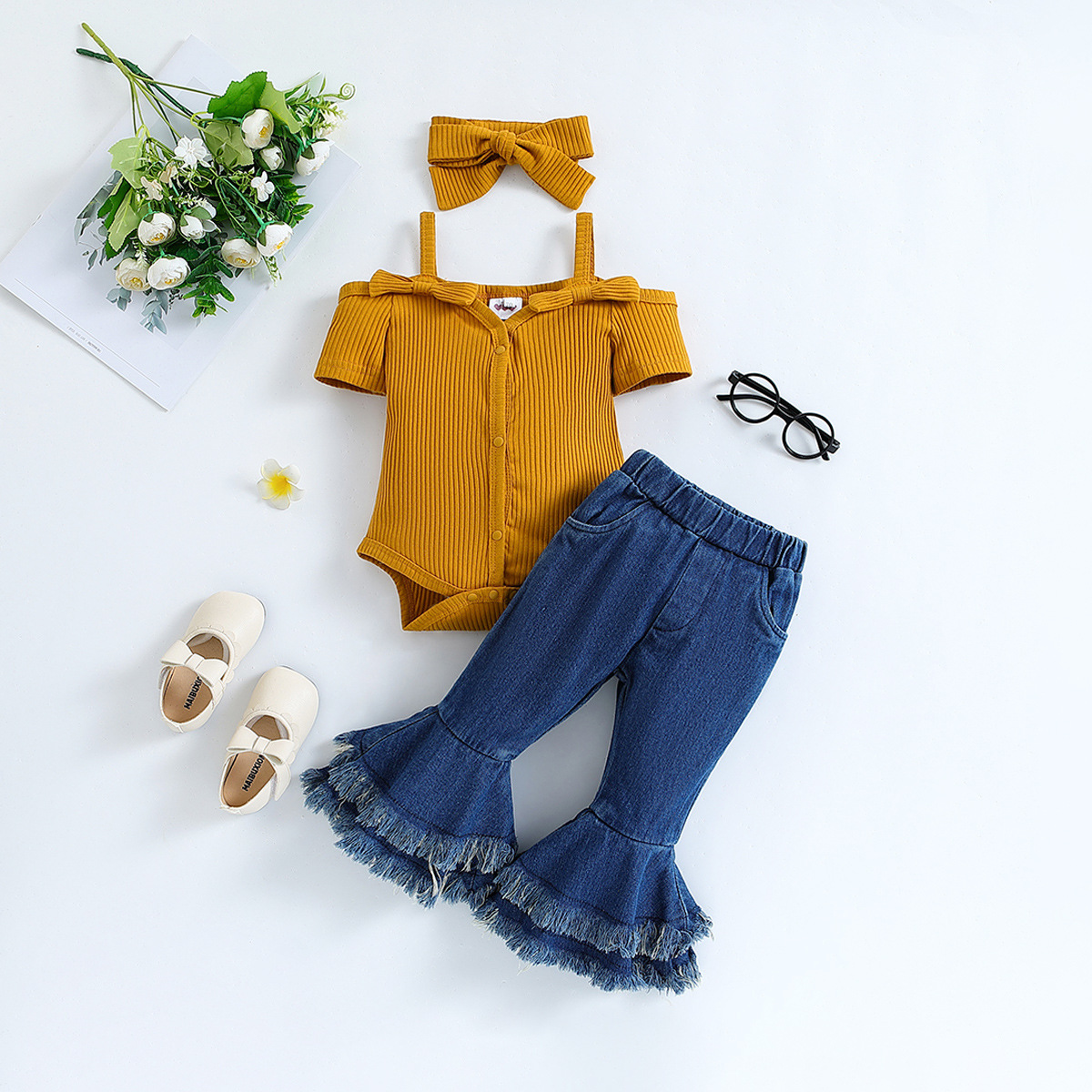 SAMGAMIBABY歐美夏季女童套裝ins嬰兒衣服吊帶短袖哈衣牛仔喇叭褲