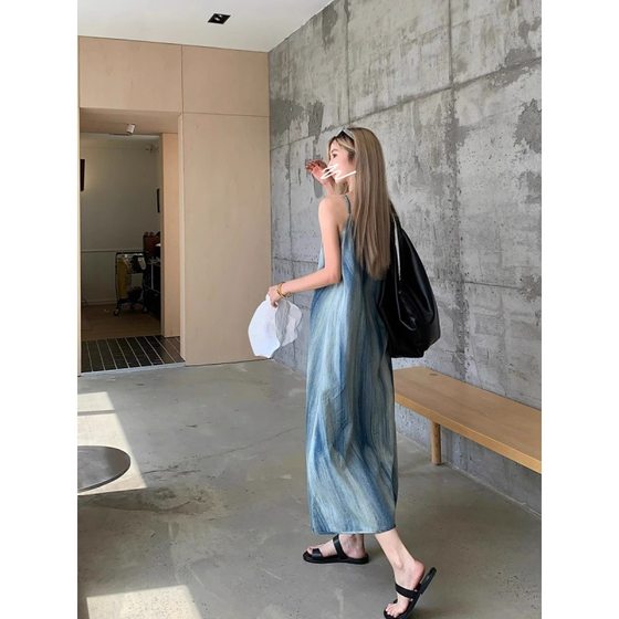 Summer New Spotted Denim Sling dress Women's Summer Design Niche Elegant Slimming Straight Dress