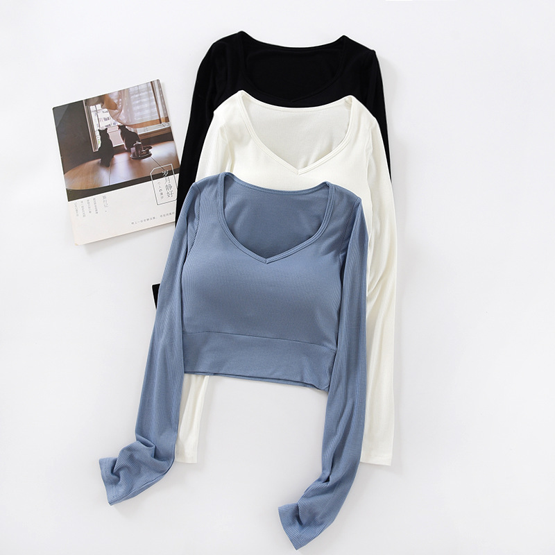 Navel-exposed Long-sleeved T-shirt Women's Bra with Chest Pad One-piece Navel-exposed V-neck Underwear High Waist Base Shirt Autumn New