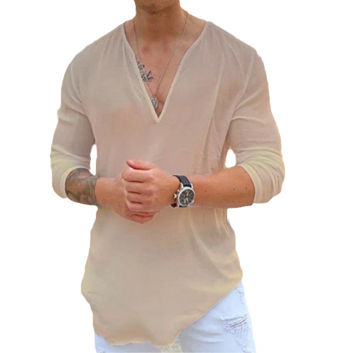 European and American Men's Amazon Independent Station New Fashion V-neck Casual Solid Color Men's Shirt 2023 Men's Solid Color Shirt