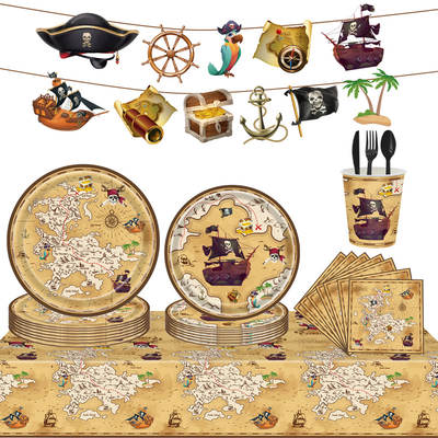 New Pirate Treasure Hunt Theme Disposable Tablecloth Paper Tray Paper Cup Paper Towel Flag Party Set Decoration Supplies