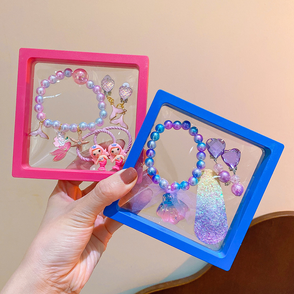 Children's Bracelet Set Unicorn Fish Tail Beaded Jewelry Cute Baby Ear Clip Jewelry Gift Box Cross-border Girls' Matching