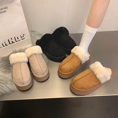 Women's plush slippers for outer wear 2023 new autumn and winter fur integrated snow boots thick bottom fleece-lined closed toe cotton slippers