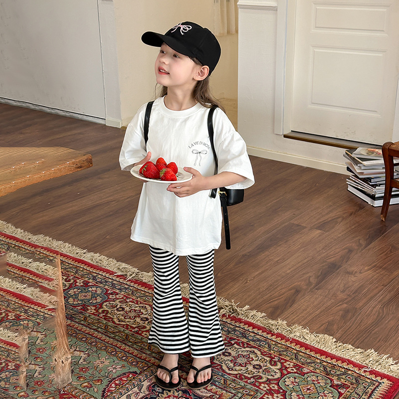 Emo Beibei Children's Clothing 2024 Summer Children's Short-sleeved Large and Small Girls Han Fan Loose Back Bow T-shirt
