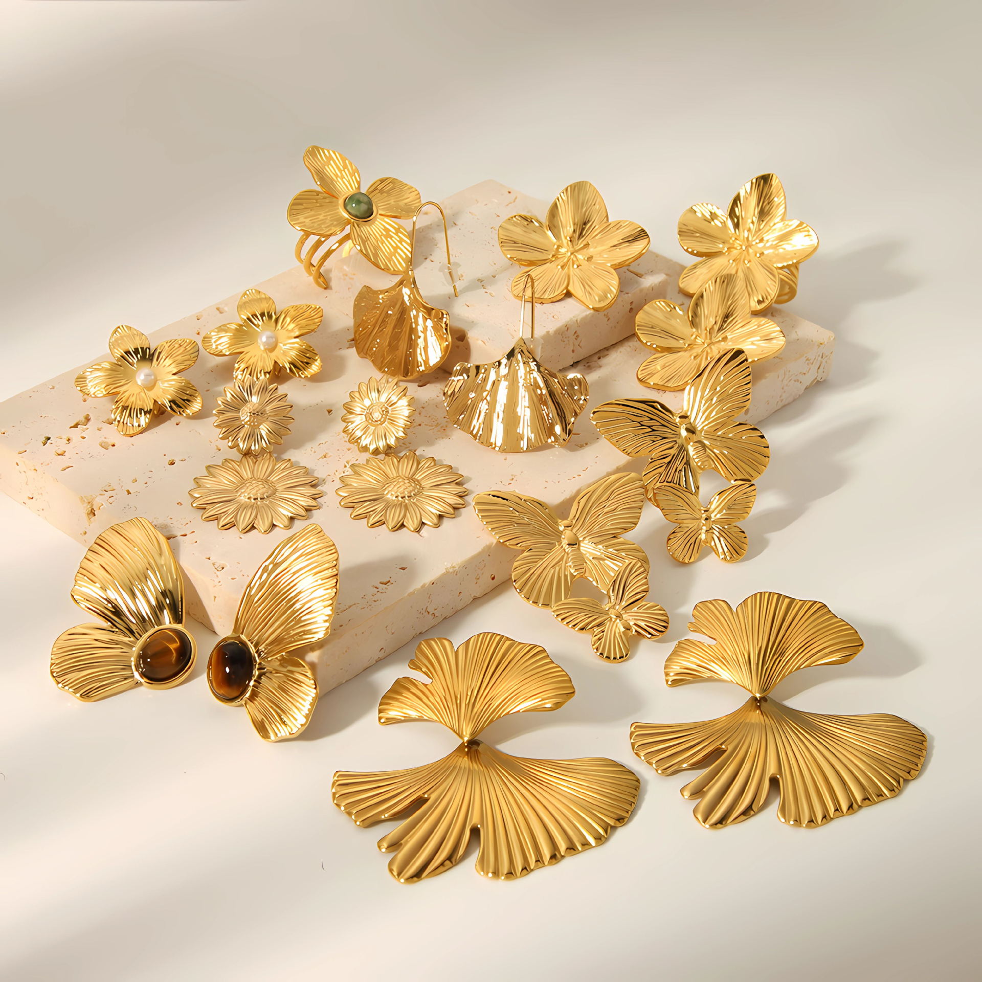 Western French style retro exaggerated gold stainless steel butterfly flower earrings high-end design earrings