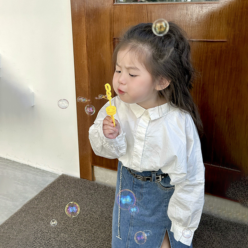 女童春裝新款長袖時髦套裝韓版寬鬆洋氣休閒襯衣牛仔半身裙兩件套