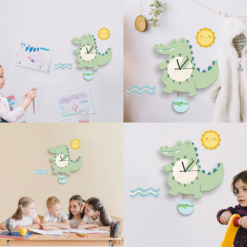 Funlife Nordic Animal Children's Fun Pendulum Clock Cartoon Crocodile Children's Room Silent Creative Wall Clock UWC020