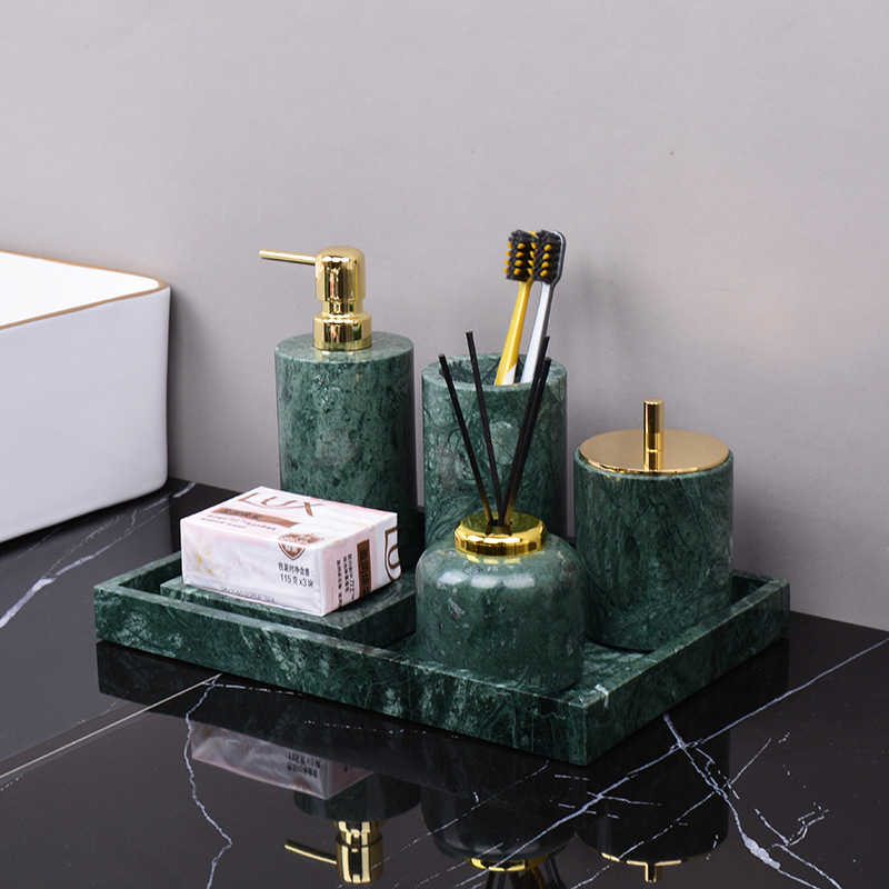 Marble green bathroom wash kit wash table tray lotion bottle cotton swab jar bathroom three four piece set ins