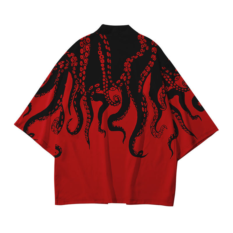 Summer kimono cross-border octopus Series 3D printed cropped shirt gown cardigan loose Men's Feather woven custom delivery