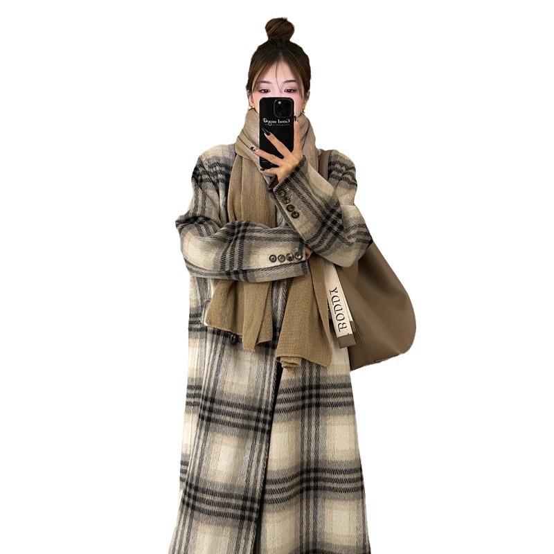 Manteau double face à carreaux coréens de haute qualité en laine longue pour femme, épais, automne et hiver_voghion.com