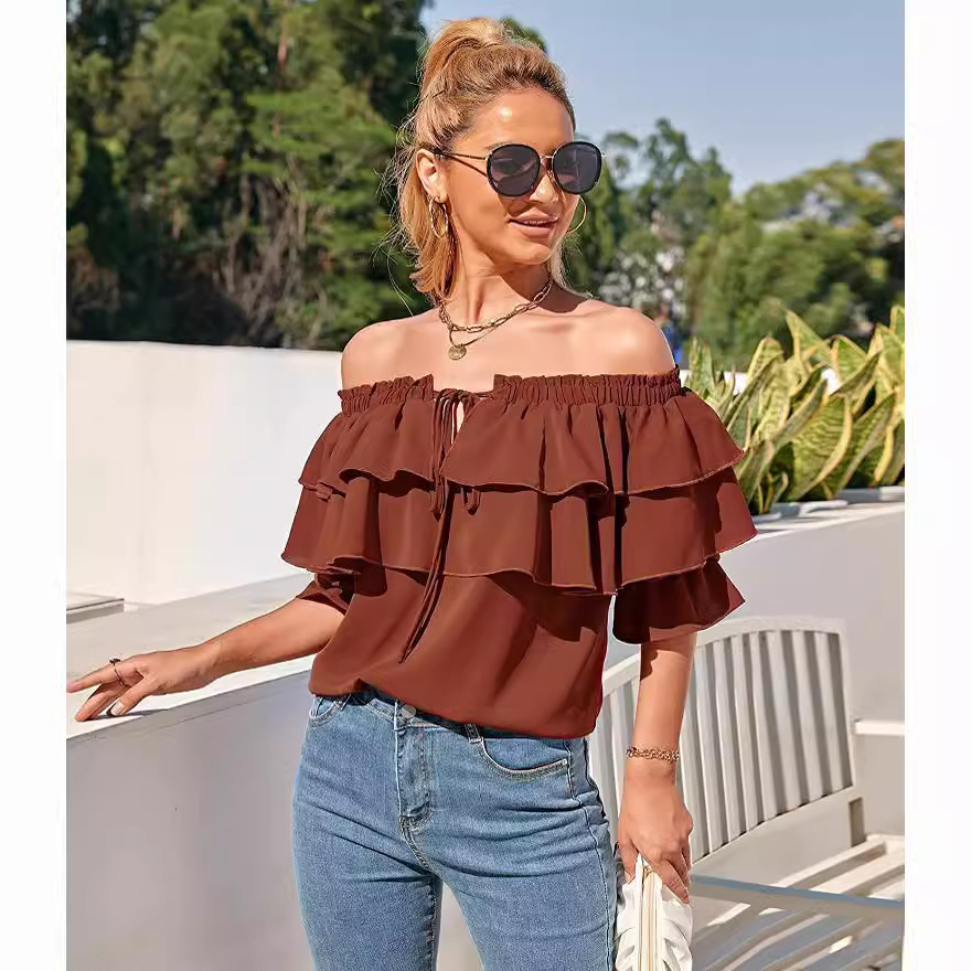 2024 Summer European and American Amazon AliExpress One-line Off-Shoulder Pleated Long-Sleeved Shirt Casual Layered Women's Top