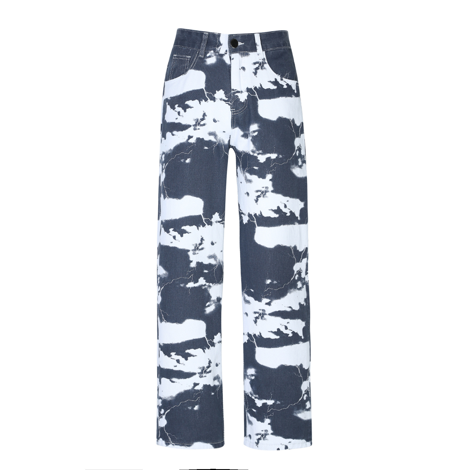 European and American trend High Street washed tie-dyed printed denim pants men's hip-hop wide leg straight barrel Daddy Pants Factory Outlet