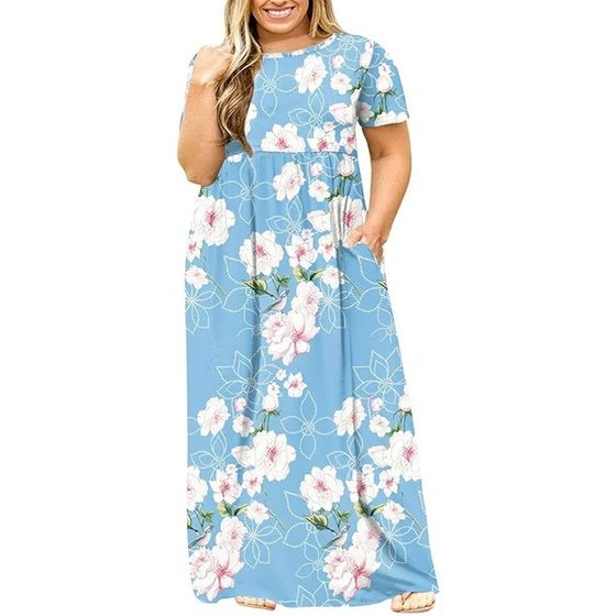 2024 summer European and American plus size women's wish Amazon short sleeve round neck solid color plus size dress printed dress