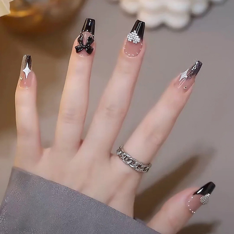 Mid-length Sweet Cool Mysterious Black Bow Stereo Shining Love Pearl Wearing nail nail