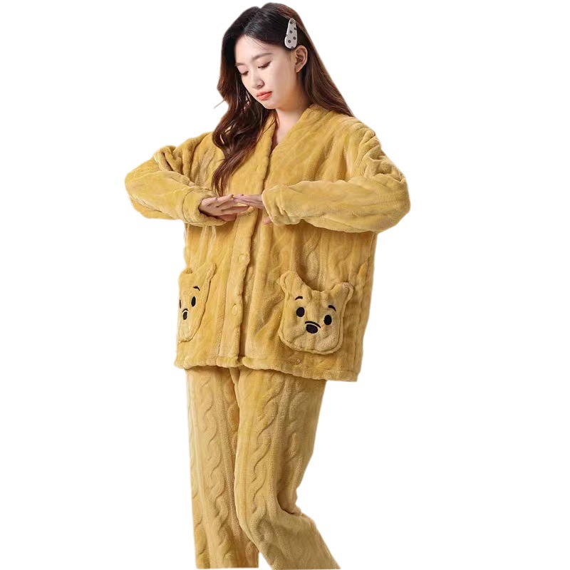 Pajamas Women's Autumn and Winter Coral Fleece-lined Thickened Winter Warm Cartoon Cardigan Outwear Flannel Home Clothes