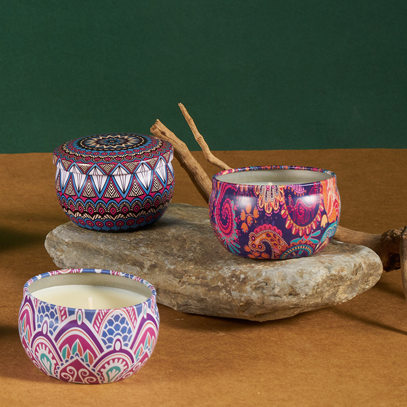 Wholesale ethnic style gift plant soy wax aromatherapy candle home decoration tinplate aromatherapy iron can candle