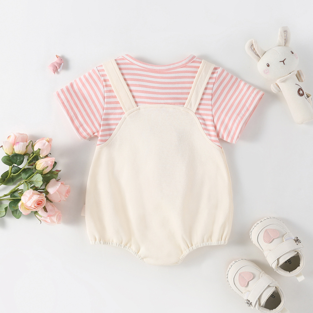 2024 summer jumpsuit fake two-piece package fart clothes baby girl cotton ha clothes thin one hundred days photo go out climbing clothes