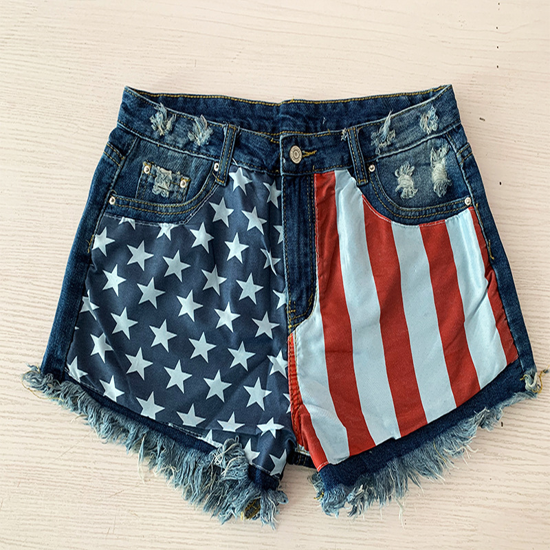 European and American Jeans Amazon wish Independent Station Cross-border American Flag Tassel Star Printed Denim Women's Shorts