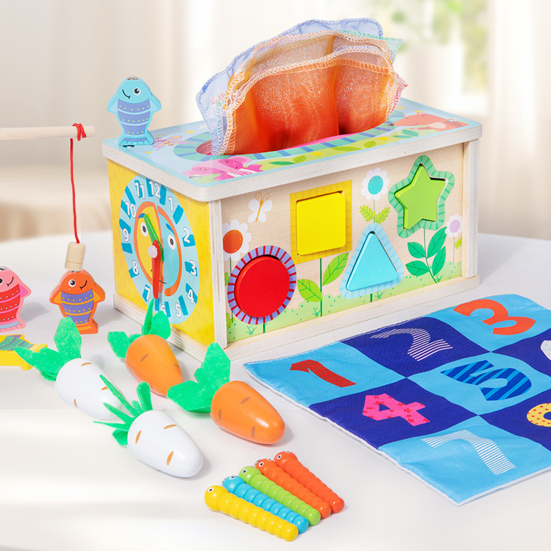 Cross-border baby's torn tissue box children's paper drawing fishing radish pulling insect catching clock early education educational toys