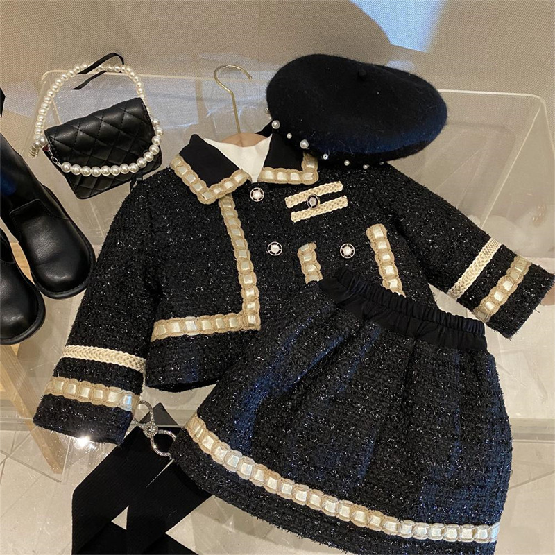 Girl's 2023 autumn and winter Chanel style coat skirt thickened suit elegant western style children's short skirt two-piece suit fashion