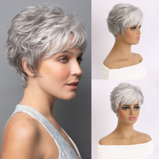 European and American wig AliExpress new fashion foreign trade women's short curly hair mixed color oblique bangs head cover manufacturers wholesale