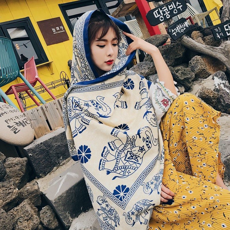 Spring and Summer Shawl Korean Ethnic Style Qinghai Tourism Seaside Beach Towel Sunscreen Gauze Shade Cotton and Linen Scarf Women