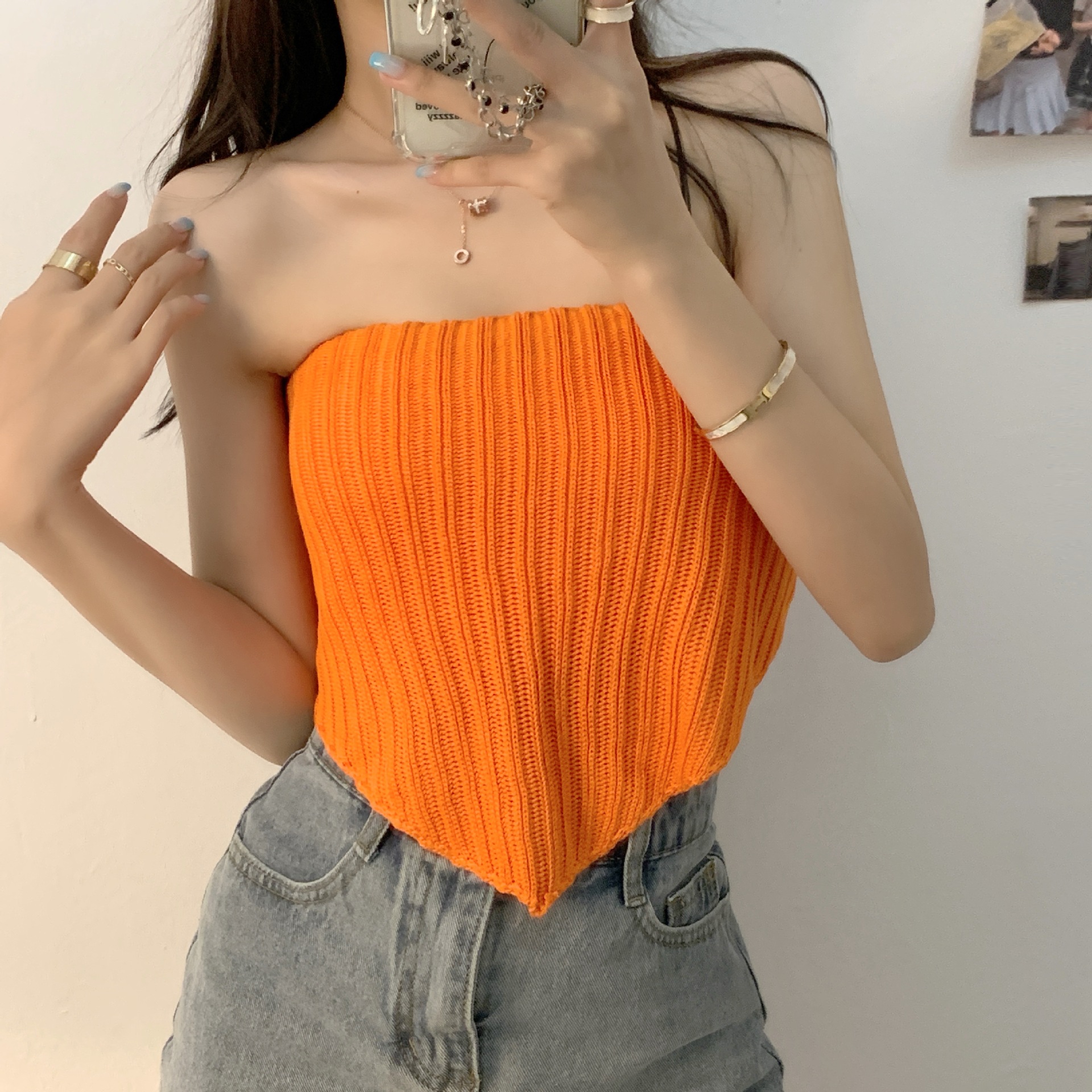 Korean version  summer pure lust style hot girl slim sexy tube top short lace-up vest design top for women
